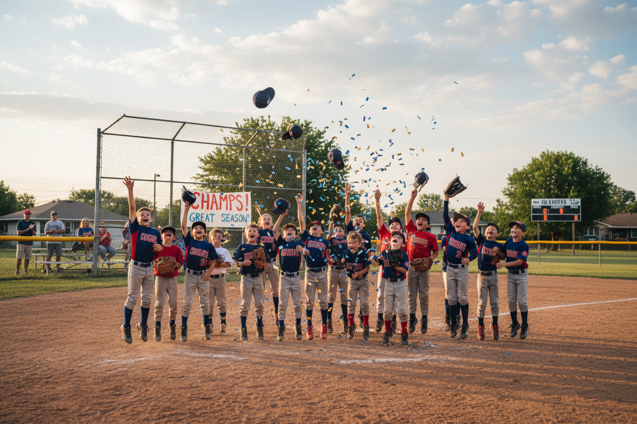 Youth baseball team celebrating on local field